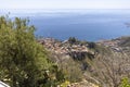 Aerial view of city Taormina on the bay of the Ionian Sea from path of Saracens, Castelmola, Sicily, Italy Royalty Free Stock Photo