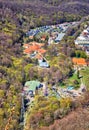 Aerial view of the city of Thale with the two cable car stations. Saxony-Anhalt, Harz, Germany