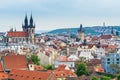 Aerial view of citycape of old town of Prague, with a lot of red rooftops and The Church of Mother of God before TÃÂ½n,