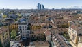 Aerial view of CityLife with the three tower, skyscrapers and house roofs. Milan, Italy Royalty Free Stock Photo