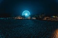 Aerial view of cityscape baltic sea sandy beach surrounded by buildings in Grossenbrode during night