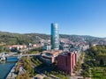 Aerial view of cityscape Bilbao surrounded by buildings and water Royalty Free Stock Photo