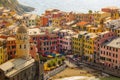 Aerial view of cityscape Cinque Terre surrounded by colorful buildings