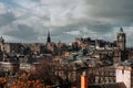 Aerial view of a cityscape of Edinburgh, Scotland on a cloudy day