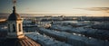 Aerial view of a cityscape featuring a clock tower and church steeple covered in snow, AI-generated. Royalty Free Stock Photo