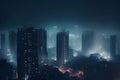 Aerial View of Cityscape in Foggy Night with Skyscraper Building and Highway Roads in Downtown