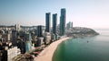 Aerial view of the cityscape in Haeundae, LCT and Haeundae beach in Busan.