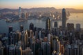 Aerial view of cityscape Hong Kong surrounded by buildings during sunset