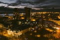 Aerial view of cityscape of Klaipeda at night. Yachts and boats docked along the embarkment of Dane river. Nightlife of Klaipeda,