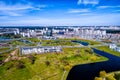 Aerial view, cityscape of Minsk, Belarus. District of the national library. Top view from the drone Royalty Free Stock Photo