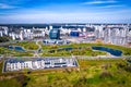 Aerial view, cityscape of Minsk, Belarus. District of the national library. Top view from the drone Royalty Free Stock Photo