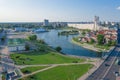 Aerial View, Cityscape Of Minsk, Belarus. Summer Season, Sunset Time. Panorama Of Nemiga District Royalty Free Stock Photo