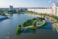 Aerial View, Cityscape Of Minsk, Belarus. Summer Season, Sunset Time. Panorama Of Nemiga District Royalty Free Stock Photo