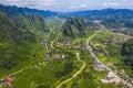 Aerial view of cityscape and nature with green fields and mountains in Chi Lang, Lang Son, Vietnam Royalty Free Stock Photo