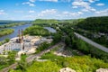 Aerial view of a cityscape of Red Wing, Minnesota, as seen from the Barn Bluff overlook hike. Taken in late spring, view of Lake Royalty Free Stock Photo