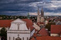 Aerial view of the cityscape of Zagreb in Croatia on a cloudy day