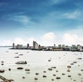 Aerial view cityspace of Pattaya city in Thailand with sea, bay and many ships