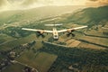 aerial view of classic airplane flying over rural landscape