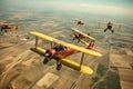 aerial view of classic biplanes flying in formation Royalty Free Stock Photo