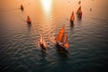 aerial view of classic sailboats racing on open water