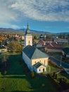 Aerial view of Classicistic Evangelical church in Ocova in podpolanie region during winter