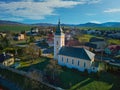 Aerial view of Classicistic Evangelical church in Ocova in podpolanie region during winter