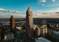 Aerial view of the Cleveland city skyline at sunrise. Royalty Free Stock Photo