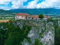 Aerial View of the Cliff with Bled Castle, Slovenia Royalty Free Stock Photo