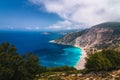 Aerial view of the cliff into the crystal clear Ionian sea and distant islands Royalty Free Stock Photo