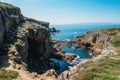 Aerial view of the cliffs on the coast of Brittany, France, View from Cape Kaliakra to an offshore wind farm in Bulgaria, AI Royalty Free Stock Photo