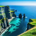 Aerial view of the Cliffs of Moher in beautiful blue ocean and green grassy