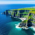 Aerial view of the Cliffs of Moher in beautiful blue ocean and green grassy