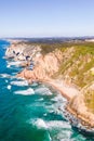 Aerial view of cliffy coastline in Cabo da Roca facing Atlantic Ocean, Colares, Lisbon, Portugal