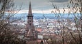 Aerial view of the clock tower of the Freiburg Munster cathedral Royalty Free Stock Photo