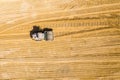 Aerial view, close up details of highway construction site - industrial machinery, vibratory soil compactor working Royalty Free Stock Photo