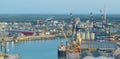 Aerial view close up of the industrial and port area of Ravenna at night Royalty Free Stock Photo