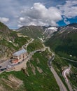 Aerial view of the closed mountain hotel Belvedere in Furka Pass, Switzerland