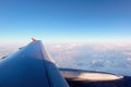 Aerial view of cloud blue sky and plane wing view through the airplane window Royalty Free Stock Photo