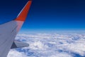 Aerial view of cloud blue sky and plane wing view through the airplane window. Copy space Royalty Free Stock Photo