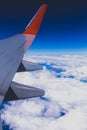 Aerial view of cloud blue sky and plane wing view through the airplane window. Copy space Royalty Free Stock Photo