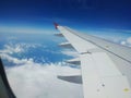 Aerial view of cloud blue sky and plane wing view through the airplane window Royalty Free Stock Photo