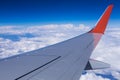 Aerial view of cloud blue sky and plane wing view through the airplane window. Royalty Free Stock Photo