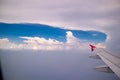 Aerial view of cloud blue sky and plane wing view through the airplane window. Royalty Free Stock Photo