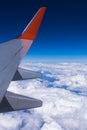 Aerial view of cloud blue sky and plane wing view through the airplane window Royalty Free Stock Photo