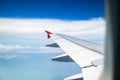 Aerial view of cloud blue sky and plane wing view through the airplane window. Royalty Free Stock Photo