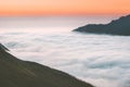 Aerial view clouds and mountains sunset landscape in Norway