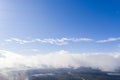 Aerial view clouds over the forest and lake. View from drone. Aerial top view cloudscape. Texture of clouds. View from above. Sunr Royalty Free Stock Photo
