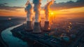 Aerial view of coal power plant at sunset, GenerativeAI