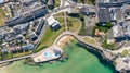 Aerial view of coast of Atlantic Ocean and beach in Portrush, Northern Ireland