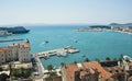 Split, Croatia - 07 22 2015 - Aerial view of the coast from the bell tower, port with ships, beautiful cityscape, sunny day